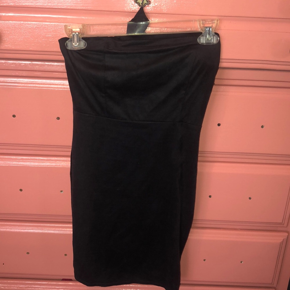 Suede black body con dress with neck wrap